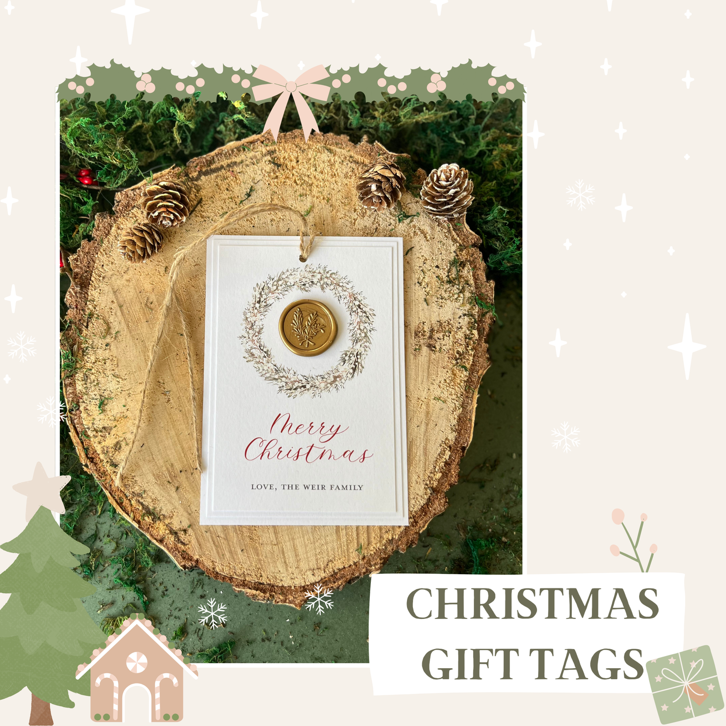 Large Wax Seal Christmas Tag with Wreath Detail