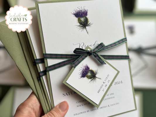 Minimal Thistle Wedding Invitation Set Rustic Wedding Stationery | Tartan Ribbon | Scottish Wedding