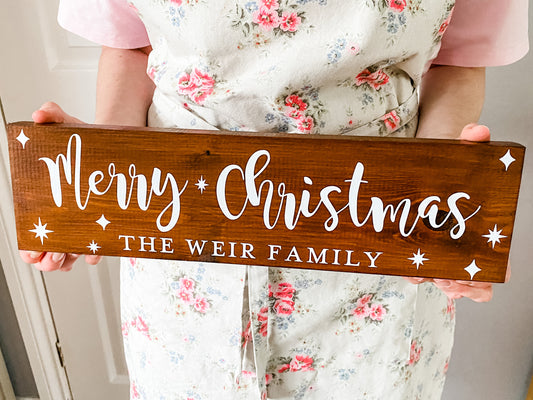 Merry Christmas Free Standing Wooden Sign, Dark Walnut Stain, White Writing