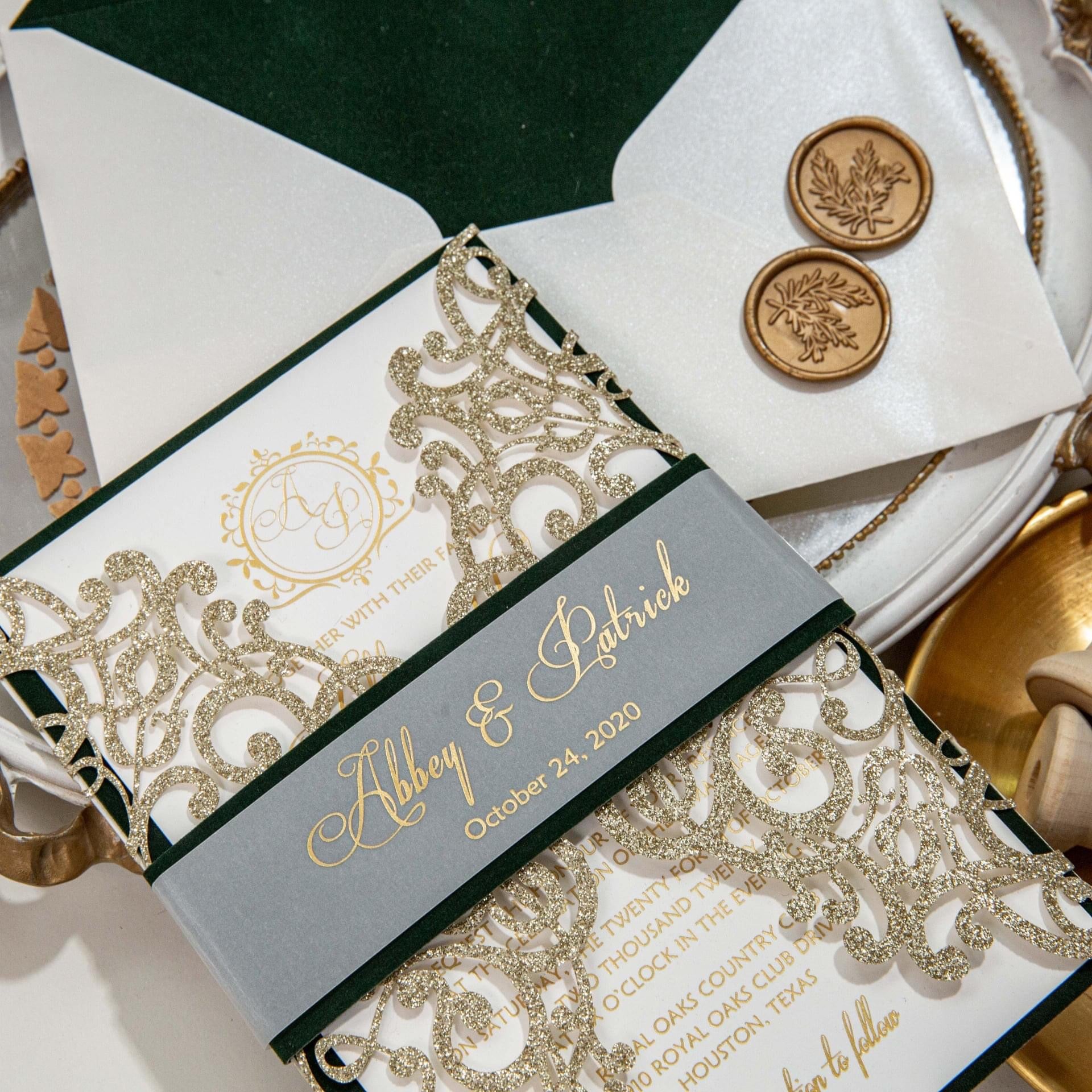 Emerald Green & Gold Wedding Invitations 5 x 7 Cardstock