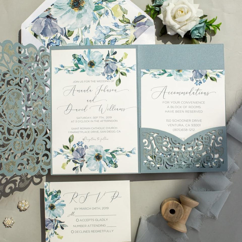 Dusty Blue Floral Wedding Invitation Set – Indy Bee Crafts